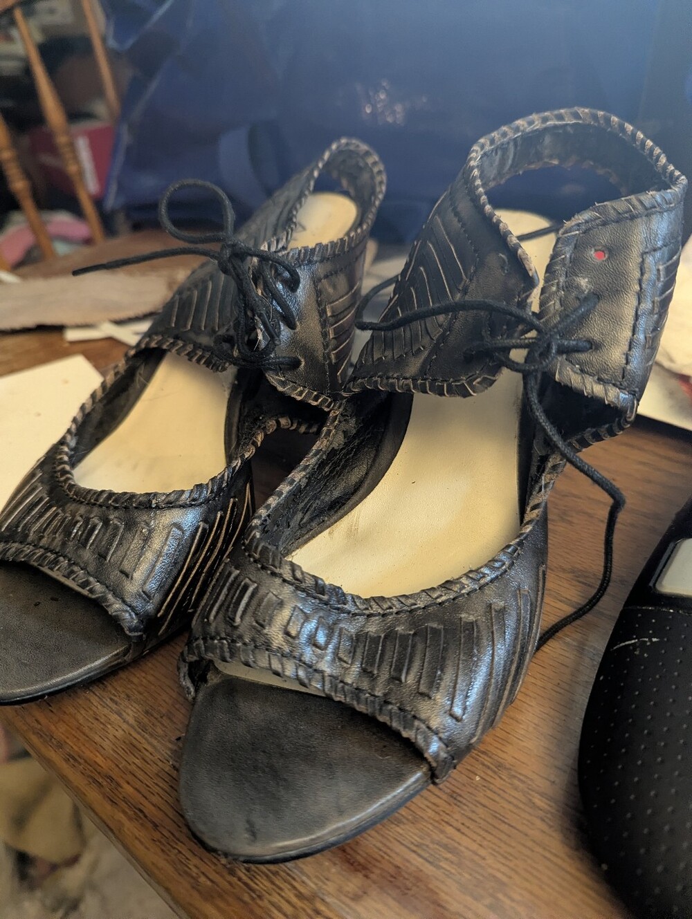 Vintage Also Blk Leather Ankle Tie Cone Shaped Heels Sz 40eu 9US